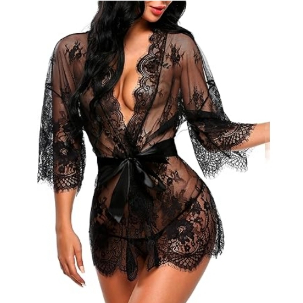 Nightie Lace Kimono Robe Babydoll Lingerie Mesh Nightgown Black